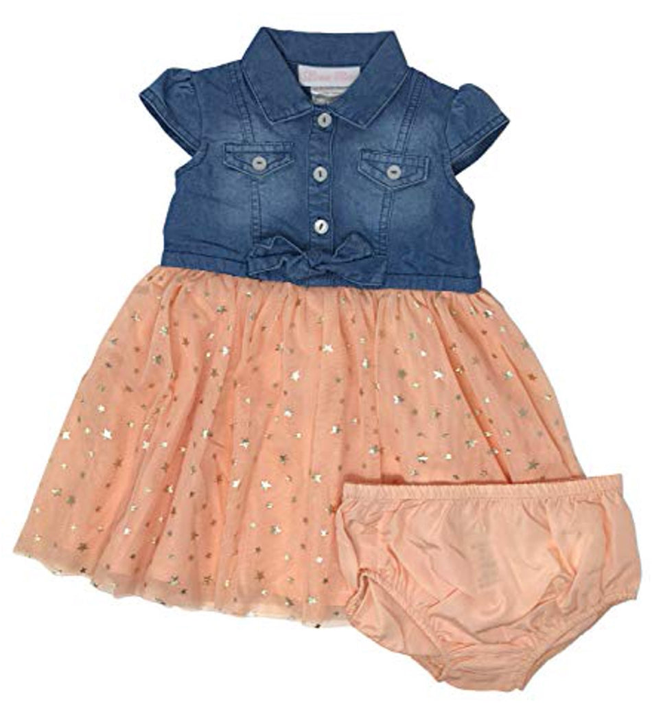 Denim and Peach Dotted Dress | Bonnie Baby