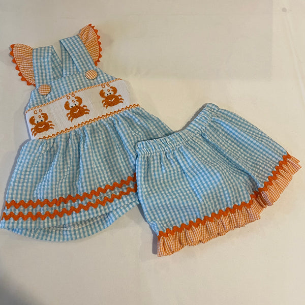 Seersucker checked Crab Set with Smocking | Three Sisters