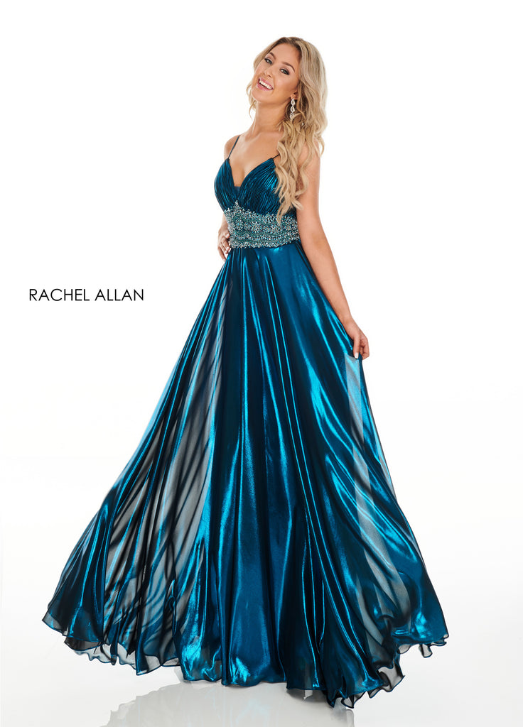 Rachel Allen Metallic Aline Ocean Blue Gown 7182