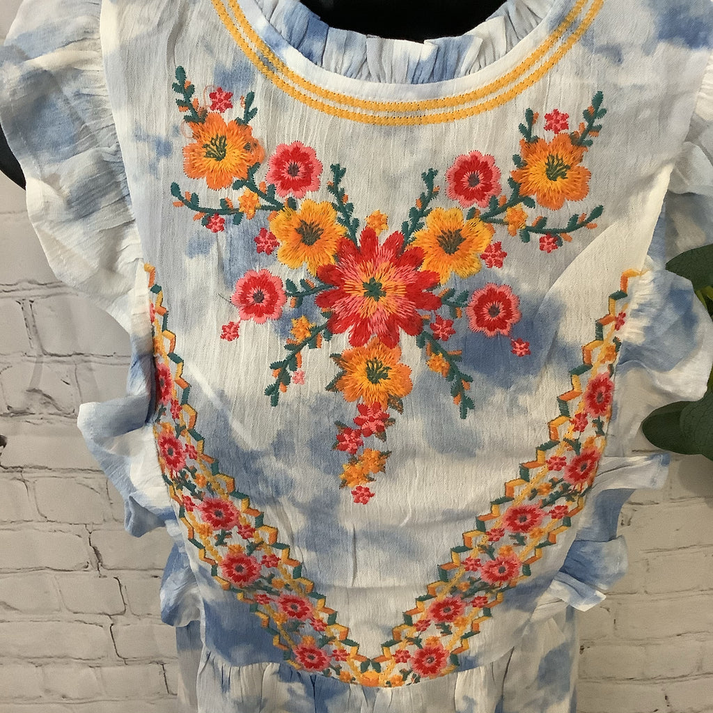 Embroidered Tie-dye with Flowers Blue & White