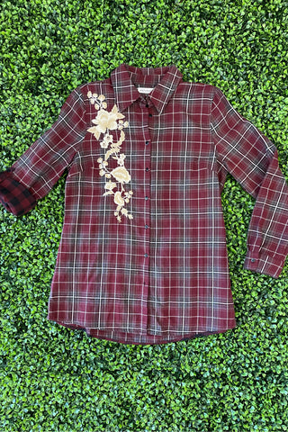 Plaid Button Up Embroidery Top